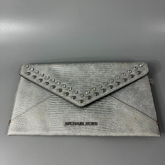 Michael Kors Silver Croc-Print Clutch with Rhinestones - Picture 1 of 13